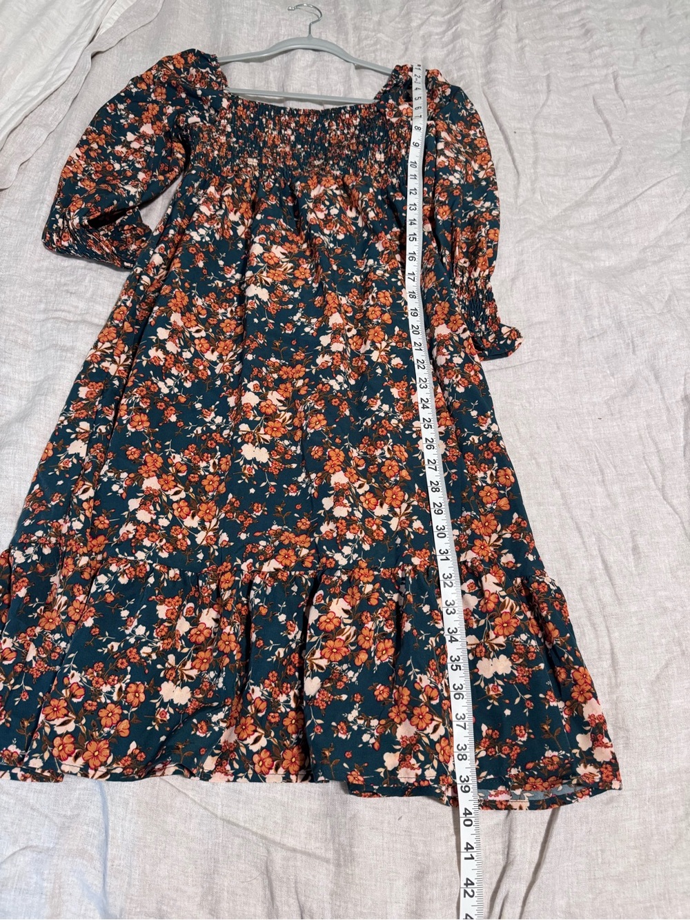 SHEIN Teal Floral Smocked Midi Dress with Rust and Cream Accents - Picture 4 of 5